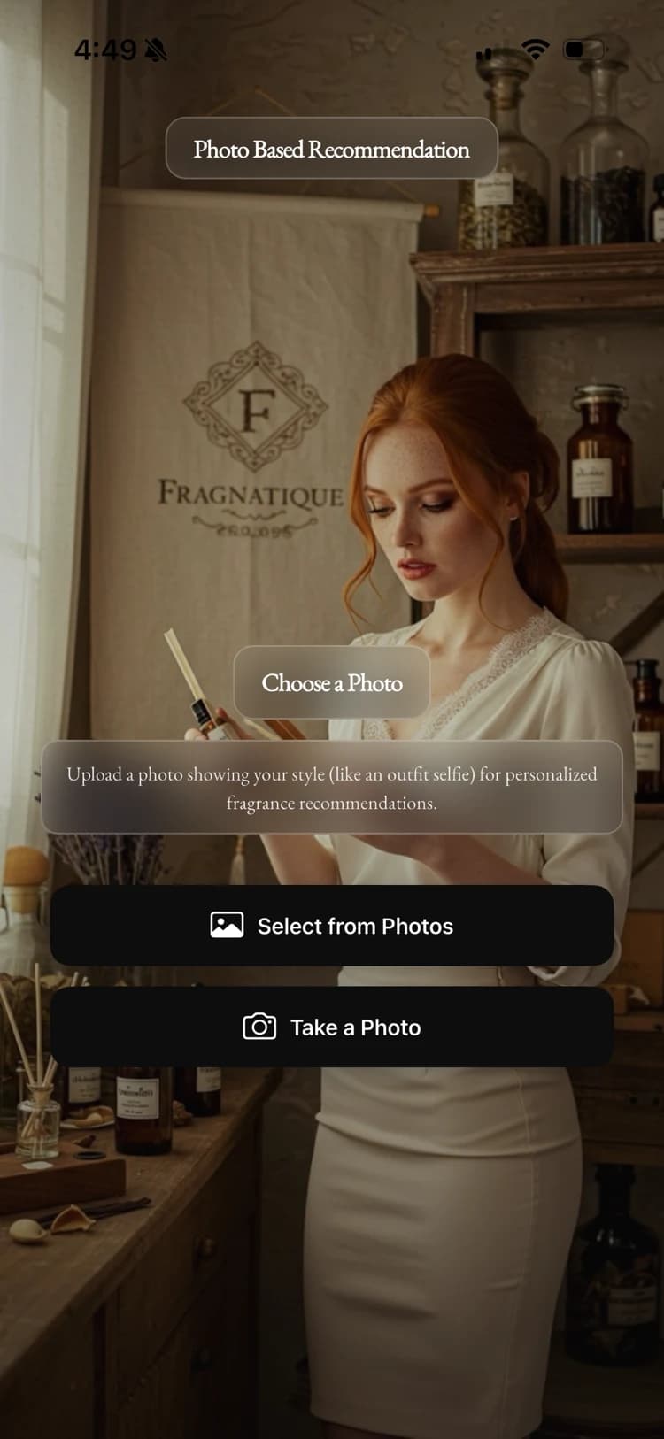 Fragnatique AI photo and style analysis upload screen, turning a single photo into a fragrance profile