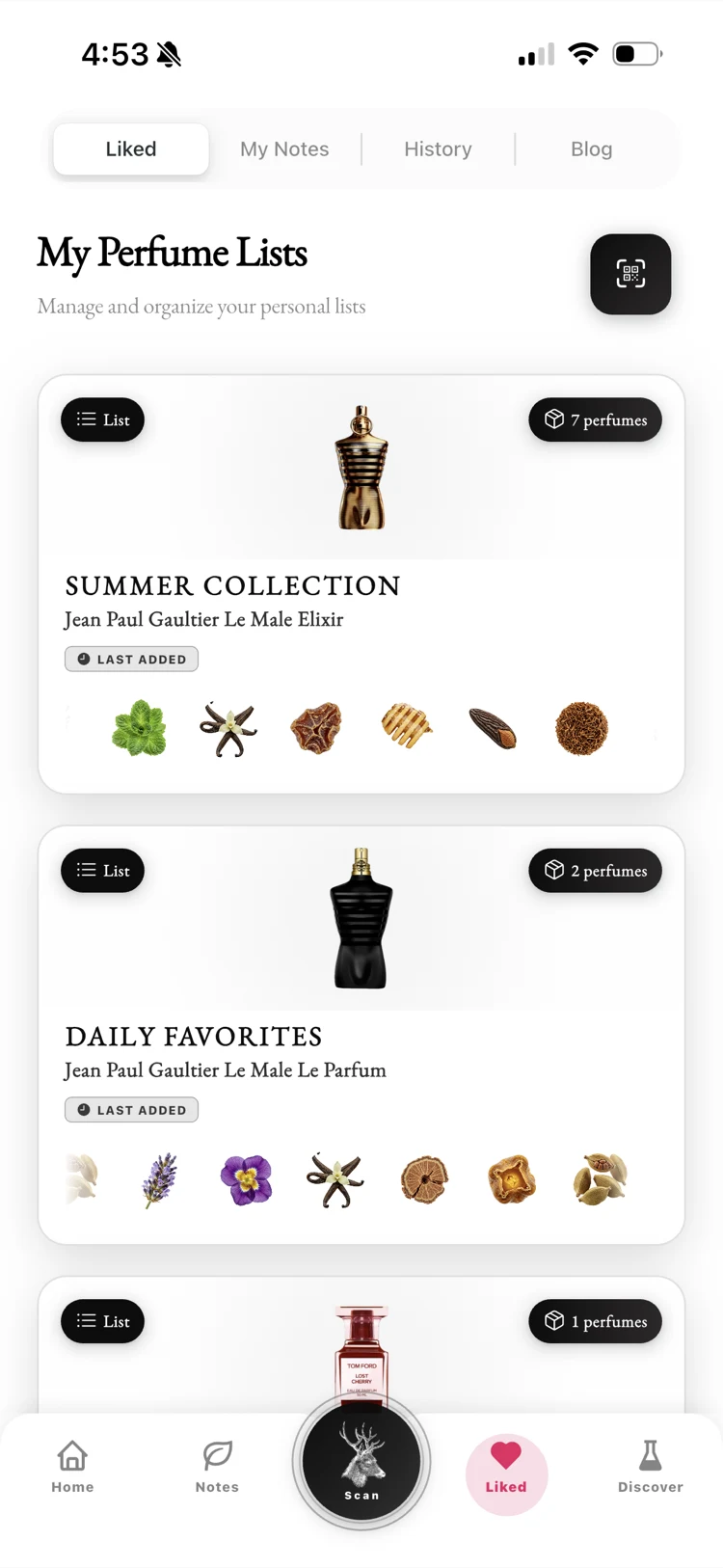 Fragnatique My Lists screen with personal fragrance collections, monthly picks, and QR share between users