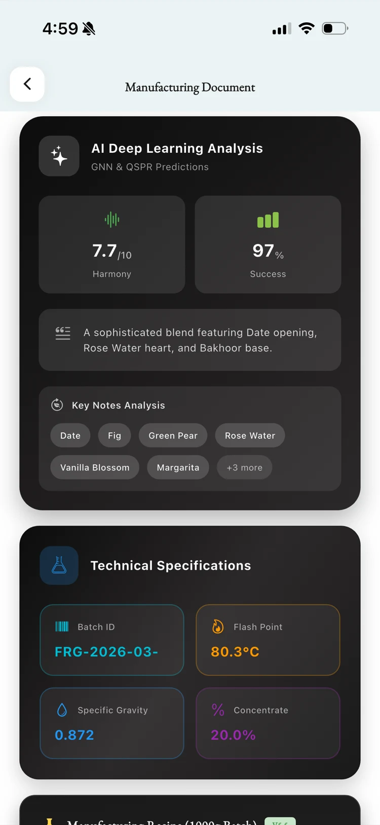 Fragnatique Scent Lab manufacturing AI analysis powered by GNN and QSPR models, predicting harmony and stability of the formulation