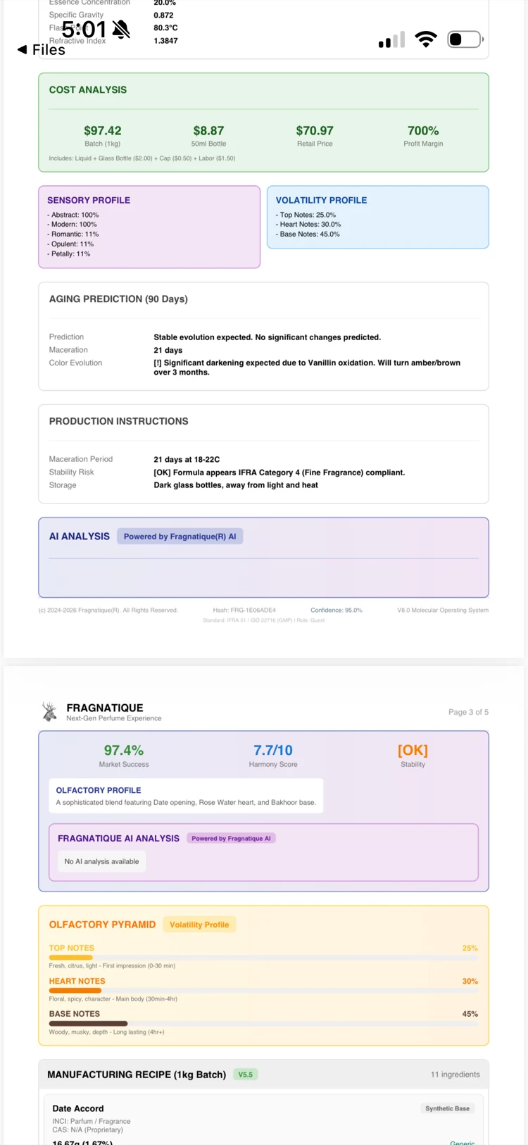 Fragnatique Scent Lab sensory profile and volatility decay page from the manufacturing PDF export