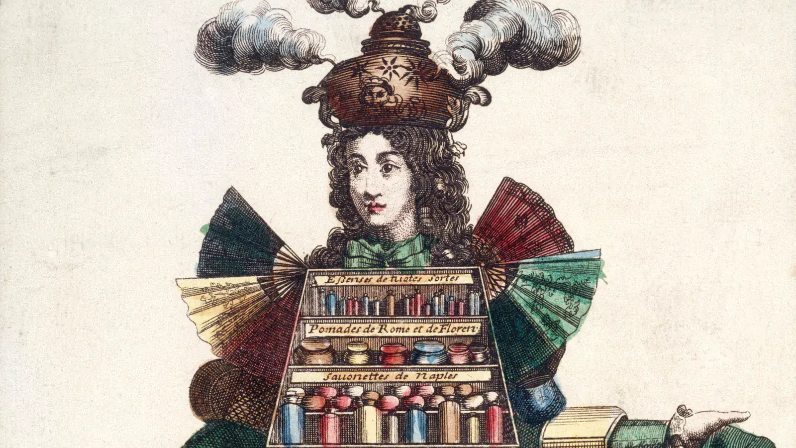 Detail of a hand-coloured 17th-century French etching, Habit de Parfumeur: a perfumer in a long curled wig wears a smoking perfume burner as a hat, folding fans on his shoulders and a cabinet of bottles and pots on his chest, labelled with essences of all kinds, pomades of Rome and Florence and soap balls of Naples