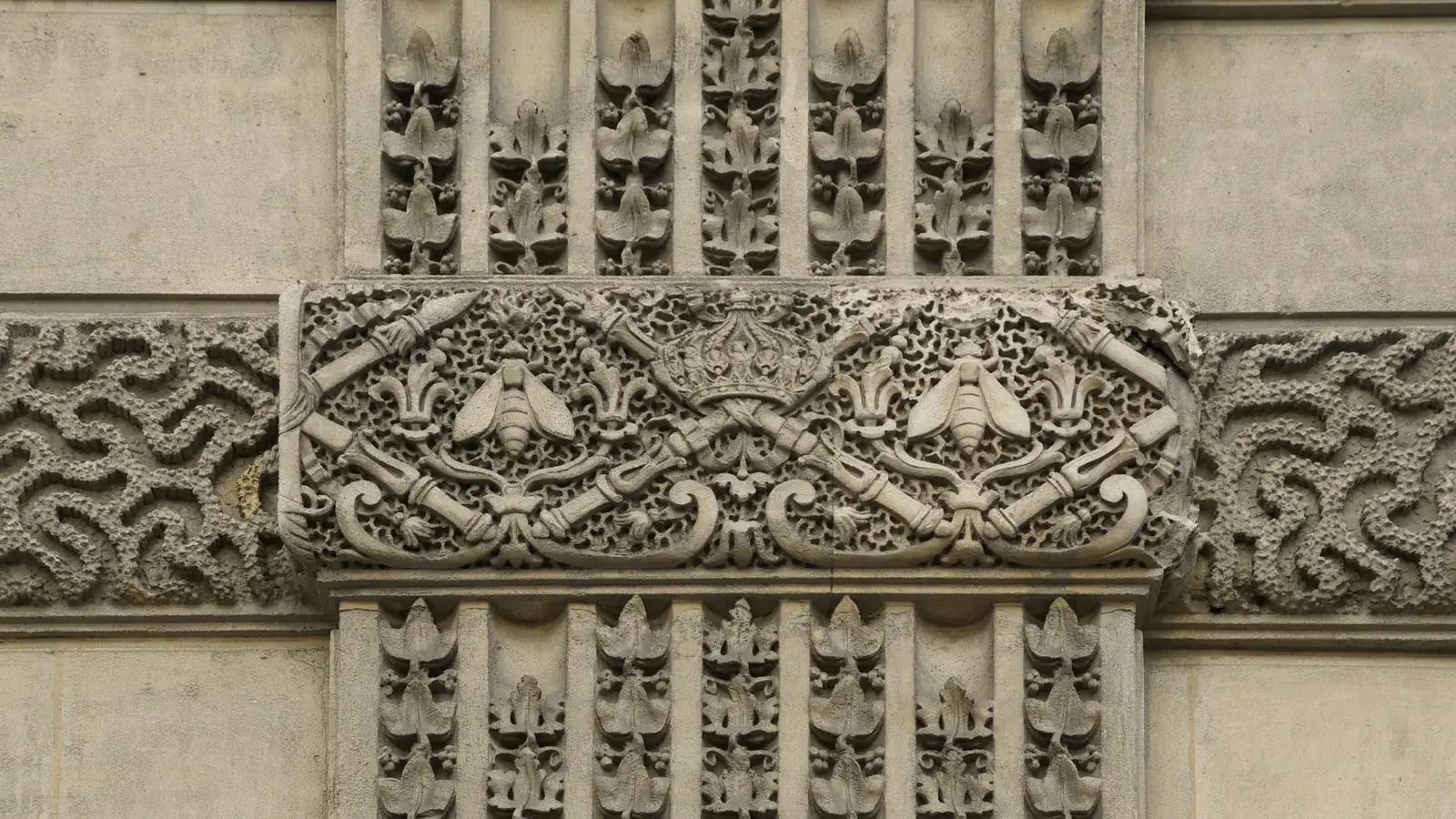 Bees of the French Second Empire carved in stone at the Louvre, the emblem on the Guerlain bee bottle