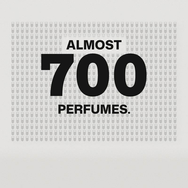 A frame from our Eau Facts video: the words ALMOST 700 PERFUMES. over a grid of small drawn vials