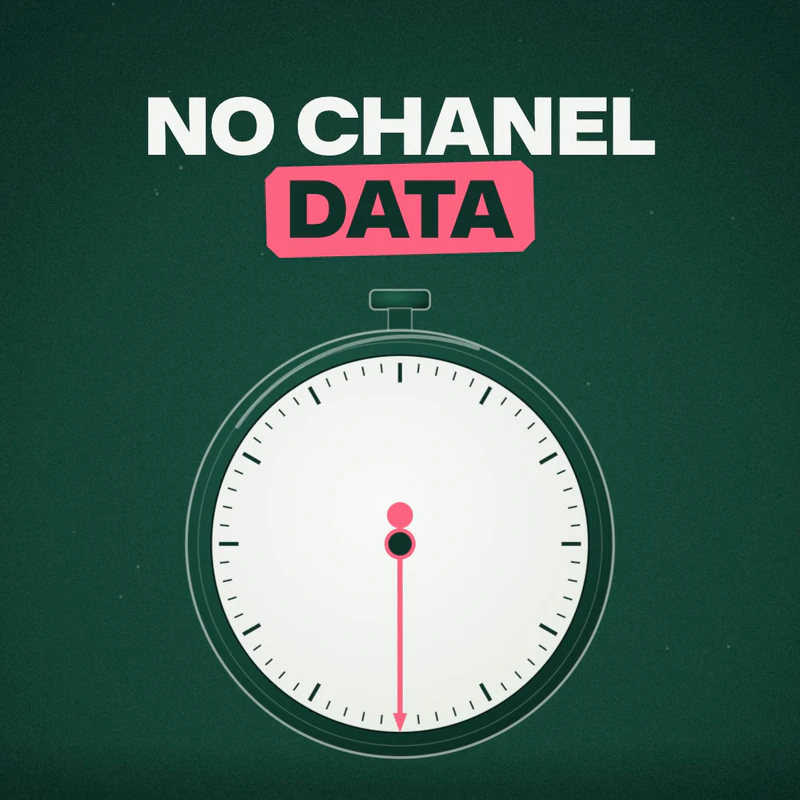 A stopwatch without numerals, its pink hand stopped at the 30 second mark, under the words No Chanel data, on dark green