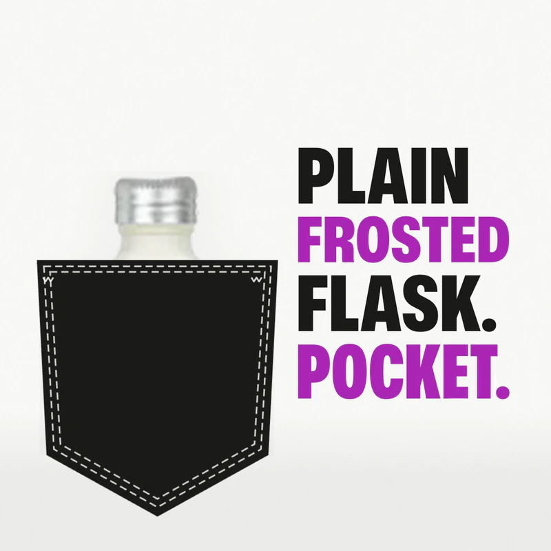 From our Eau Facts video: our photo of the CK One flask slipped into a drawn back pocket, only its silver cap showing, beside the words Plain frosted flask. Pocket.