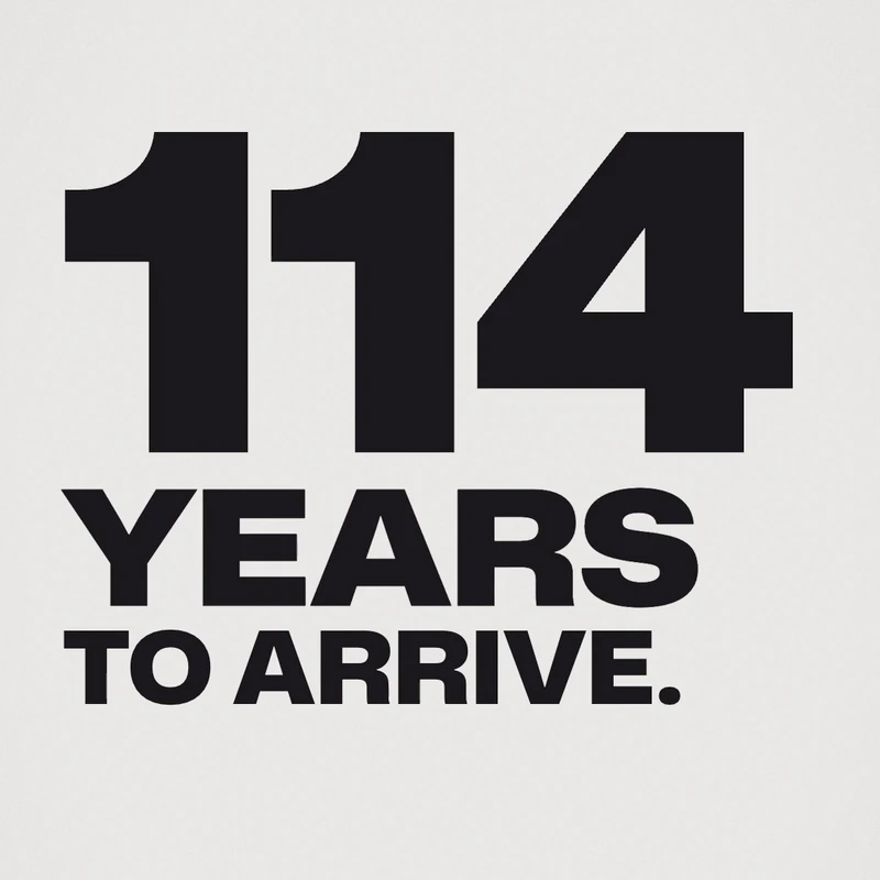 A frame from our Eau Facts video: the number 114 in large black type over the words Years to arrive, on a pale gray ground