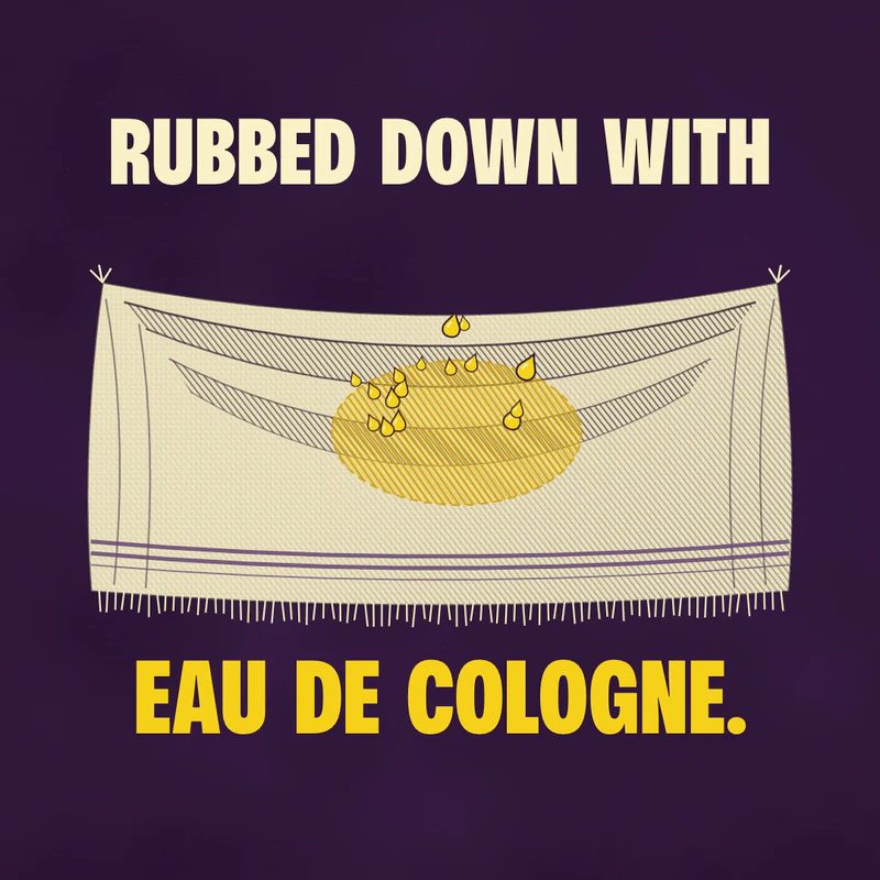 A frame from our Eau Facts video: a drawn linen towel with a yellow splash, between the words RUBBED DOWN WITH and EAU DE COLOGNE, on deep purple