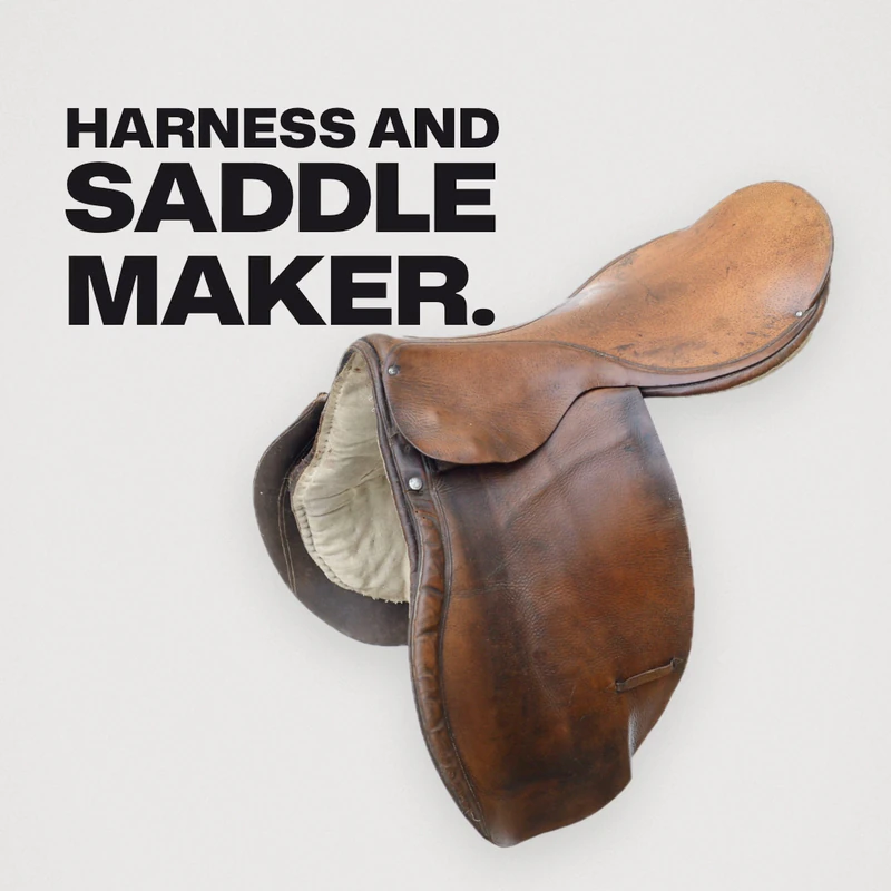 A frame from our Eau Facts video: a nineteenth-century racing saddle in brown leather under the words Harness and saddle maker, on pale gray (saddle photo: Château-Musée de Saumur via BnF Gallica, public domain)