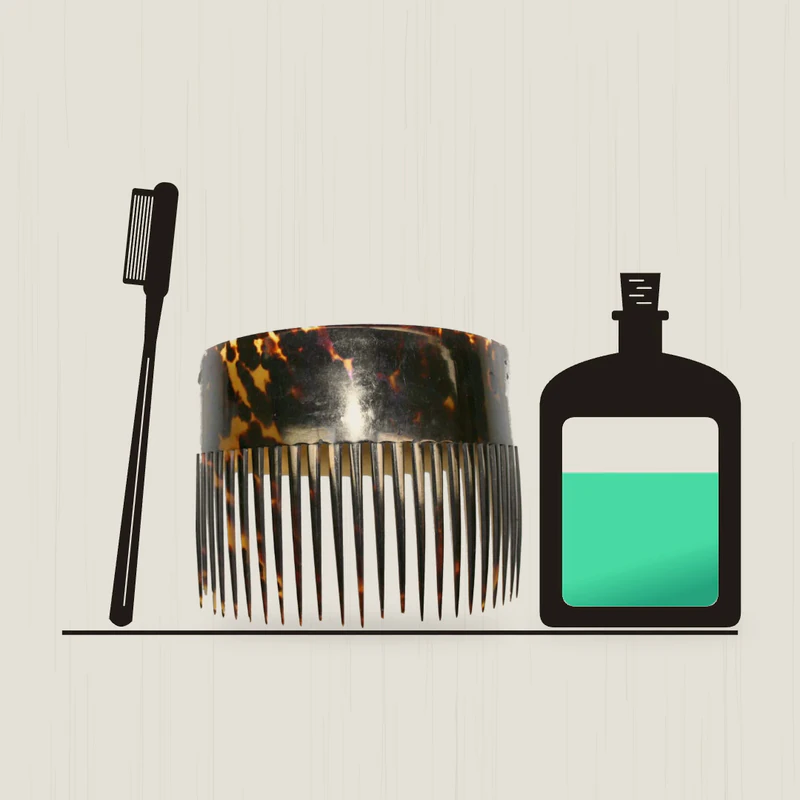 A frame from our Eau Facts video: a drawn toothbrush, an early 19th-century tortoiseshell comb from The Met's open collection and a drawn mouthwash bottle on one shelf