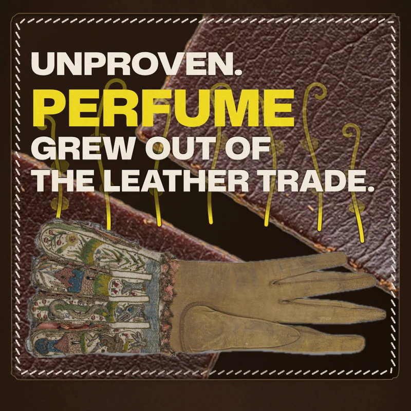 Our Eau Facts verdict frame reads Unproven, then Perfume grew out of the leather trade, over our leather photo and the glove