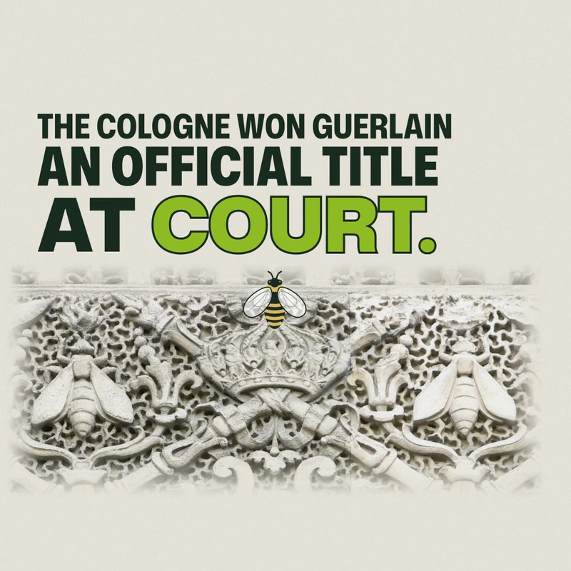 A frame from our Eau Facts video: the words The cologne won Guerlain an official title at court, above a carved stone frieze of bees on either side of a crown
