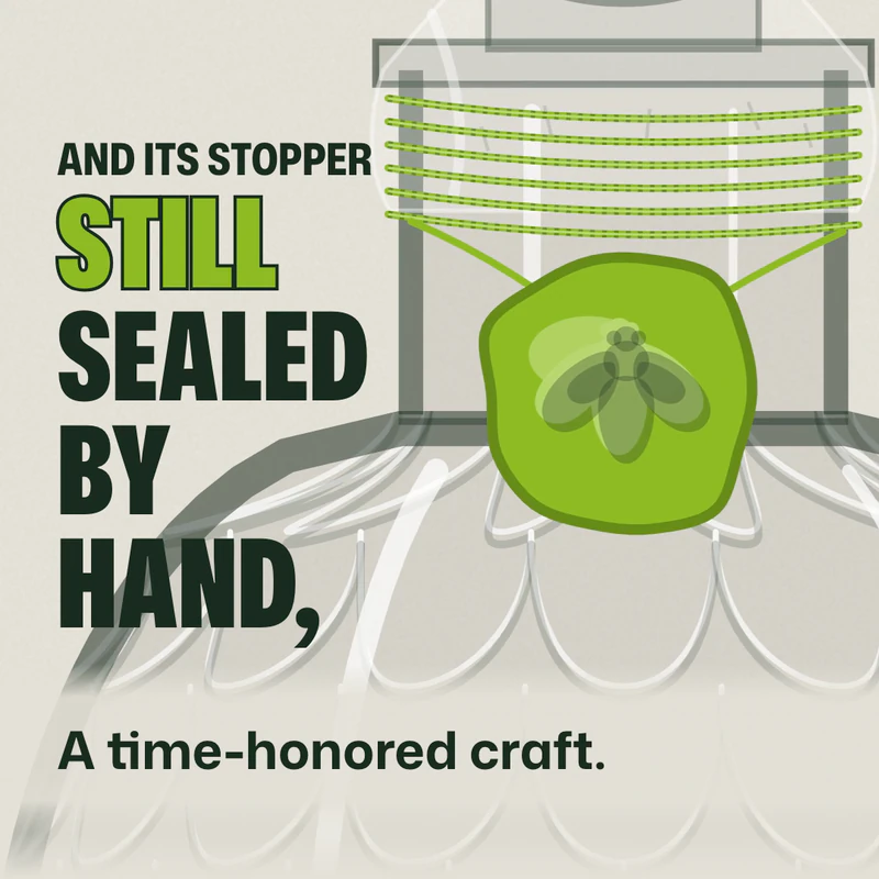 A frame from our Eau Facts video: green thread wound round a bottle neck and held by a green seal stamped with a bee, beside the words And its stopper still sealed by hand