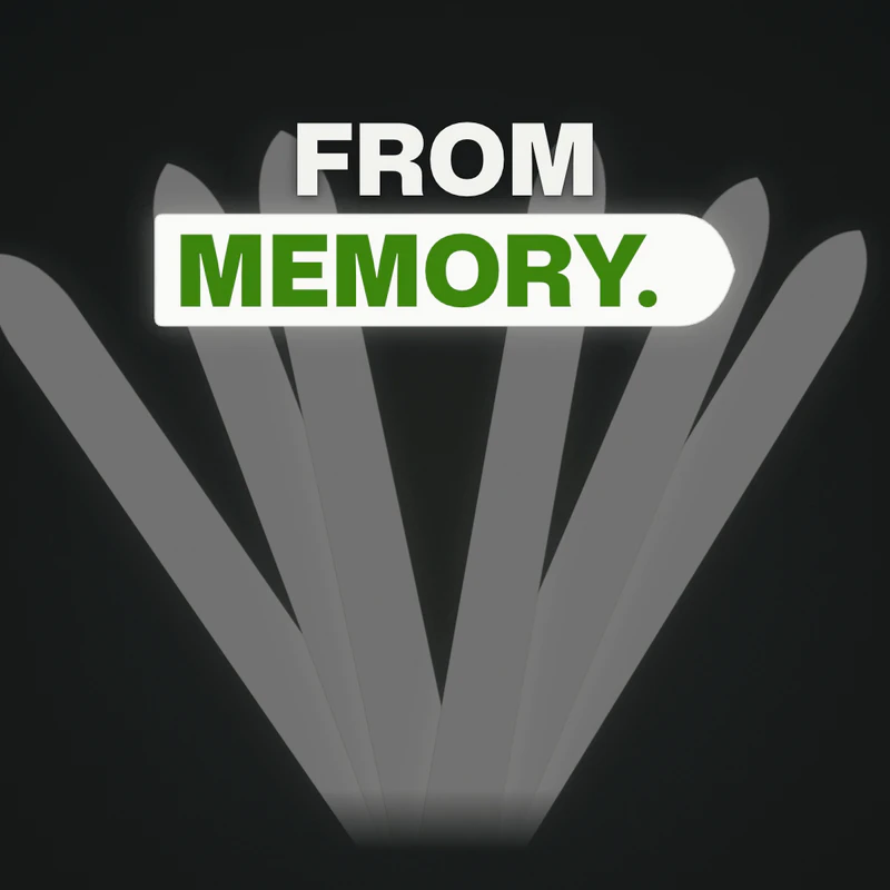 Our Eau Facts frame: faint smelling strips fanned out in the dark with a gap in the middle, under the words From memory