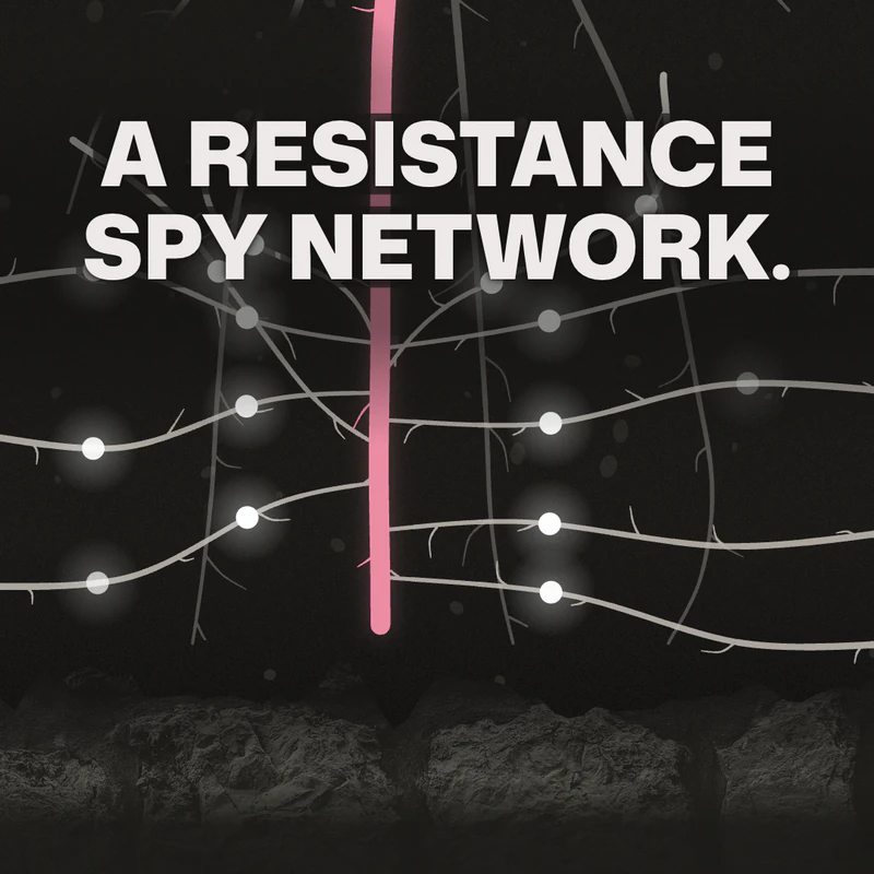 Our Eau Facts frame: the words A Resistance spy network over a web of gray roots with lit white nodes and one pink root, on a dark ground