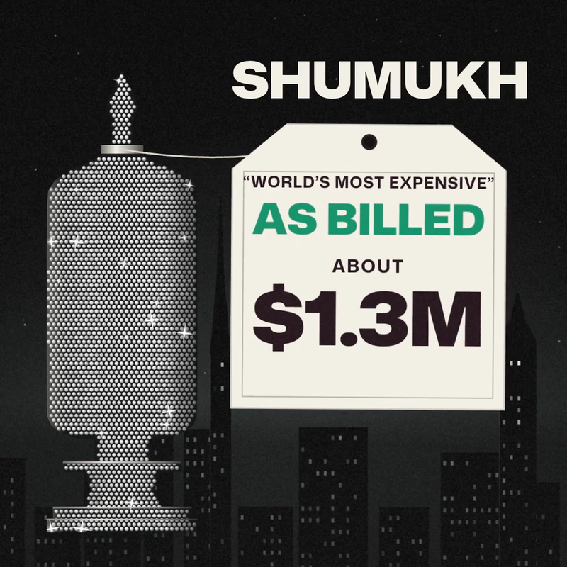 A frame from our Eau Facts video: a drawn bottle covered in diamonds on a tall pedestal beside a tag that reads World's most expensive, as billed, about $1.3M, under the name Shumukh, against a night skyline