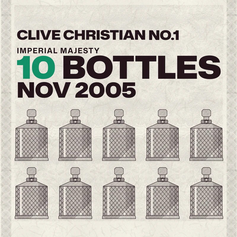 A frame from our Eau Facts video: ten drawn cut-crystal flacons in two rows under the words Clive Christian No.1, Imperial Majesty, 10 bottles, Nov 2005, on ivory paper