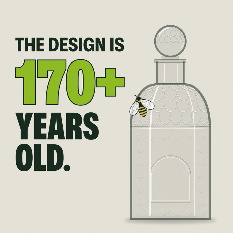 A frame from our Eau Facts video: a drawn glass bottle with a bee on its shoulder, beside the words "The design is 170+ years old"