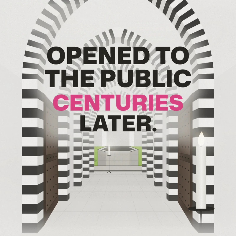 A frame from our Eau Facts video: the words "Opened to the public centuries later" over a nave of striped arches, with a lit candle on the right