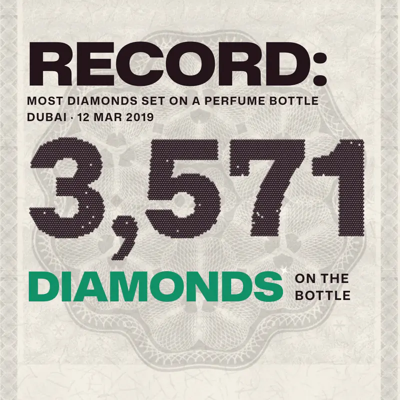 A frame from our Eau Facts video on the Shumukh record: a cream record card reading Record, most diamonds set on a perfume bottle, Dubai, 12 Mar 2019, 3,571 diamonds on the bottle