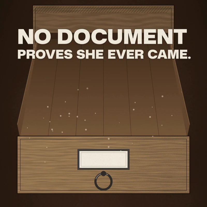 A frame from our Eau Facts video on Grasse: an open, empty wooden drawer under the words No document proves she ever came