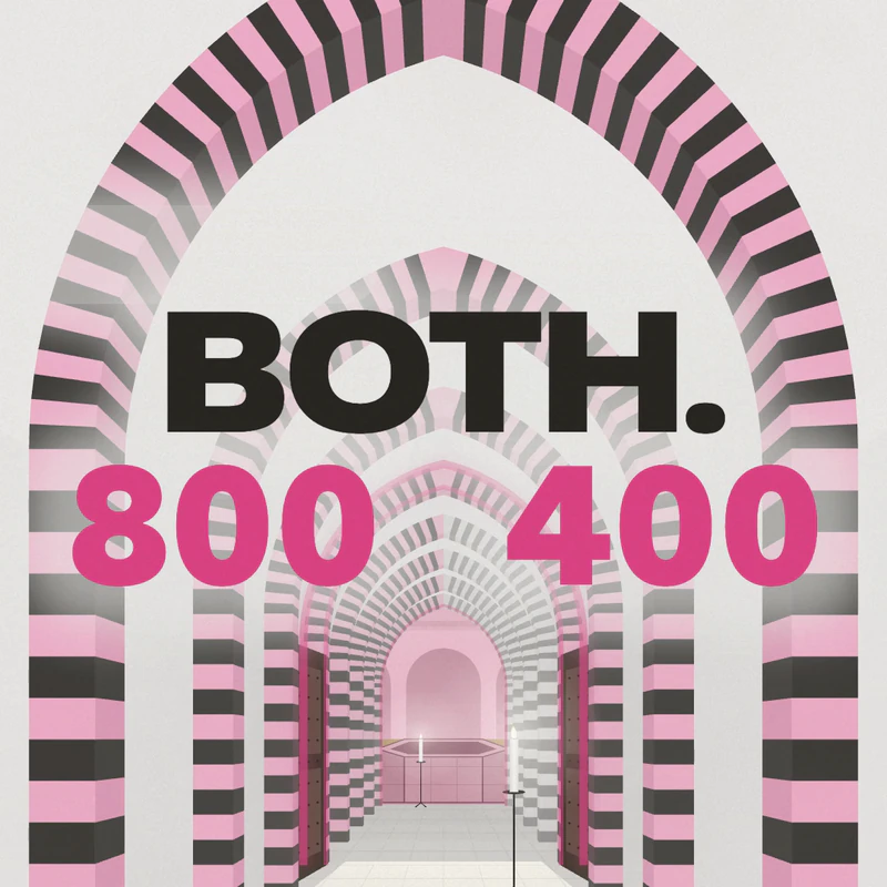 A frame from our Eau Facts video: the word BOTH. above 800 and 400 in pink, over a nave of striped arches whose stones are counted in pink back to a glowing garden gate