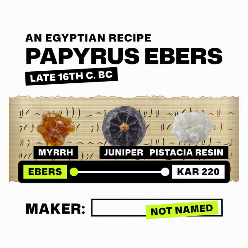 A frame from our Eau Facts video: myrrh, a juniper berry and Pistacia resin on a drawn papyrus strip, a timeline from Ebers to KAR 220, and the words Maker: not named