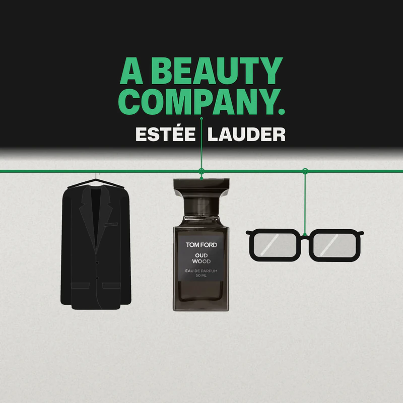 A frame from our Eau Facts video: the words A BEAUTY COMPANY. and ESTÉE LAUDER on a black band, above a drawn jacket, our photo of an Oud Wood bottle and drawn glasses hanging from one green rail