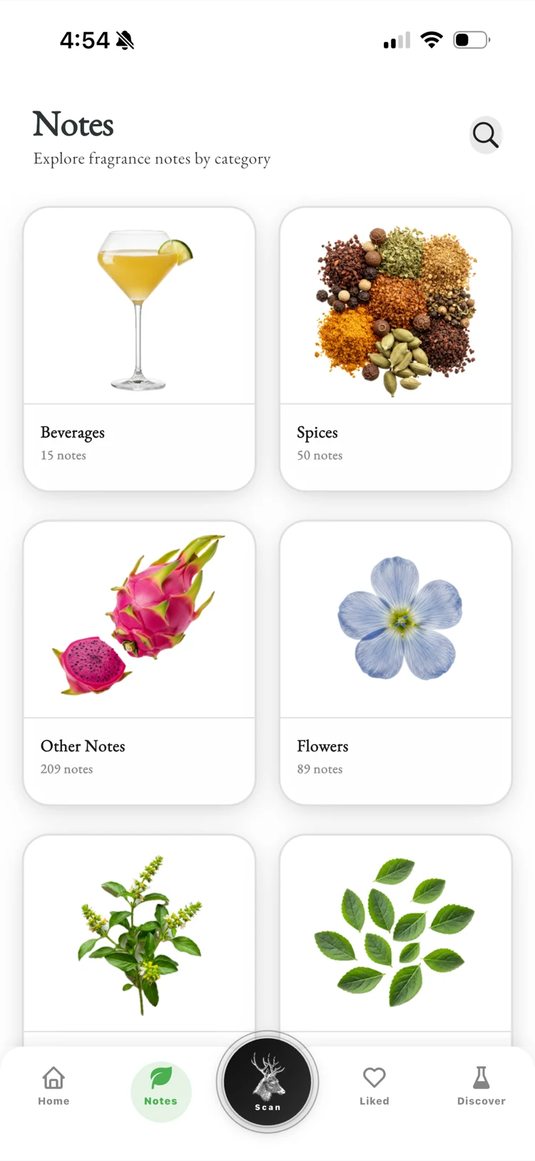 Fragnatique 680-note category explorer showing the eight olfactory families with imagery.