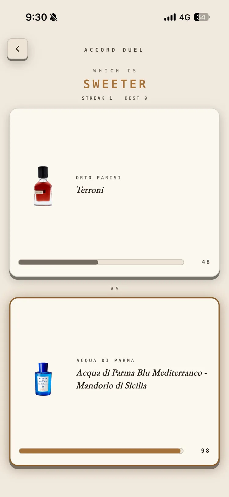 Accord Duel, a Fragnatique game asking which of two fragrances is sweeter
