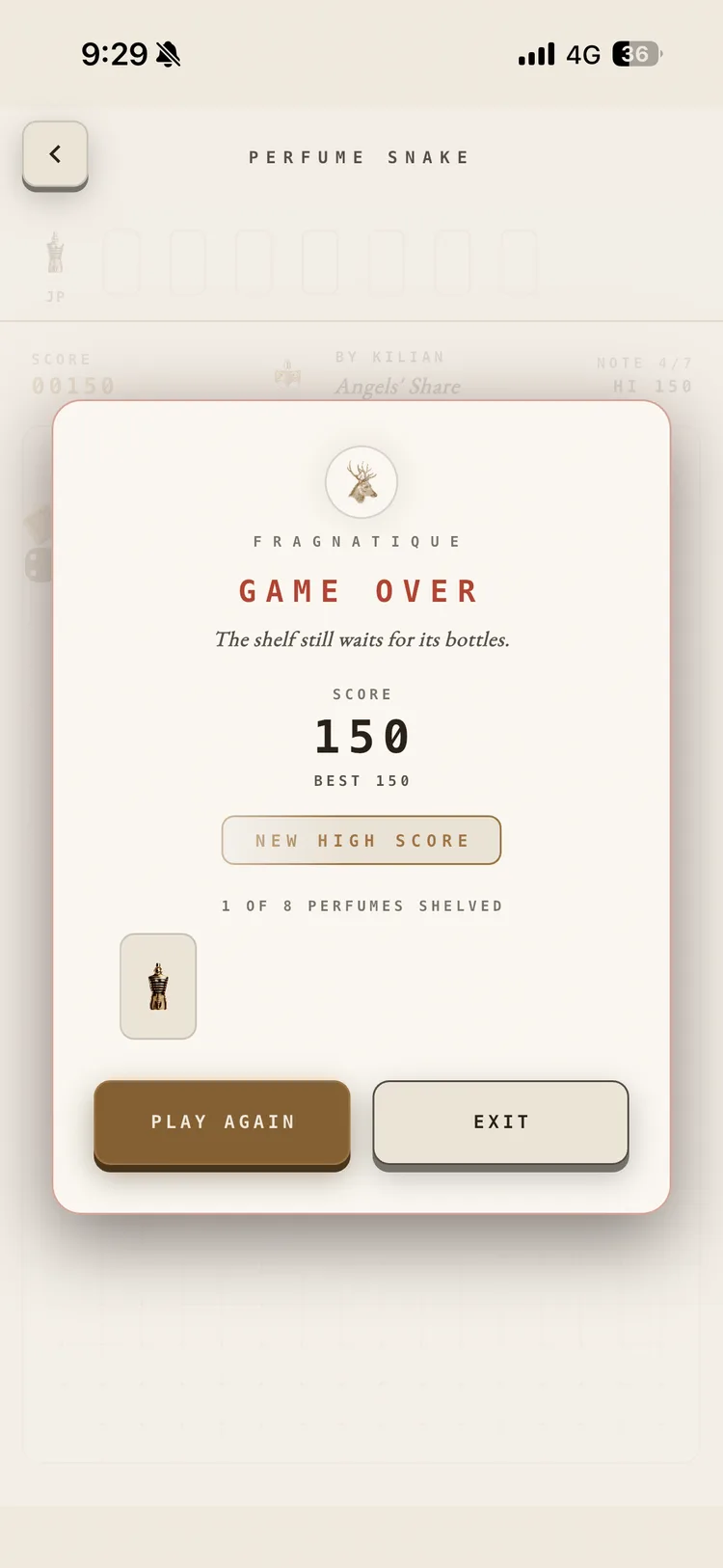The high score screen in Fragnatique's Perfume Snake