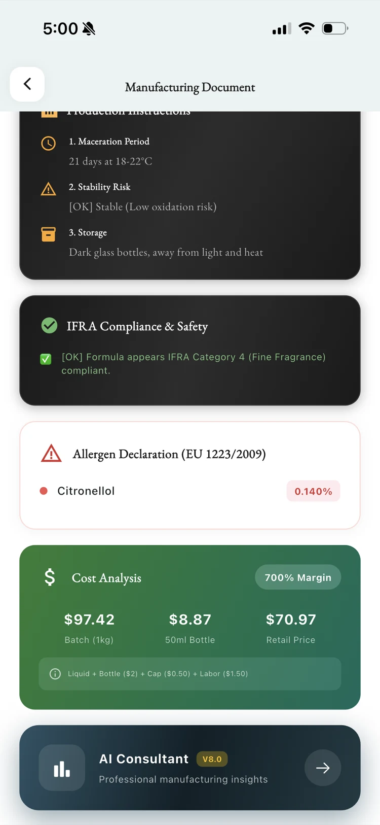 Fragnatique Scent Lab cost analysis screen with profit margin breakdown for an original perfume formulation