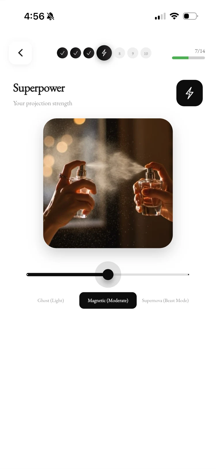 The Fragnatique Scent Lab projection slider, where users create their own scent through AI-guided creative prompts and named projection levels.