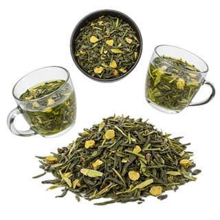 Our green tea note photo: loose leaves in a heap, a bowl of dry tea and two glass cups of it brewed