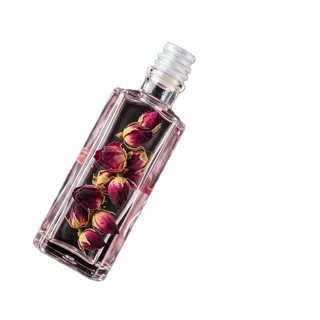 Our rose water note photo: a clear glass bottle filled with dried rosebuds
