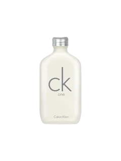 Our photo of a CK One bottle: a flat frosted glass flask with a silver screw cap and the words ck one