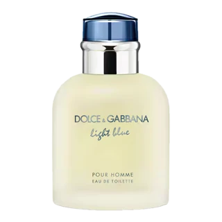 Our photo of Dolce & Gabbana Light Blue pour Homme: a square clear bottle with a navy cap, labeled pour homme eau de toilette