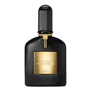 Our photo of a Tom Ford Black Orchid bottle: a rounded, ribbed black flacon with a gold label and a gold collar under its black cap