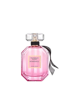 Our catalog photo of Victoria's Secret Bombshell Eau de Parfum: a faceted pink bottle with a clear cap and a black ribbon at the neck